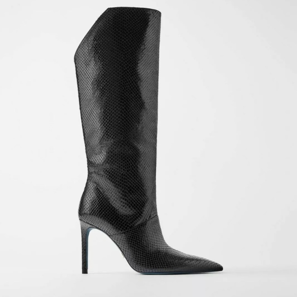 ZARA BLUE COLLECTION ANIMAL PRINT TEXTURE LEATHER HEELED BOOTS BLACK R. 5035/001